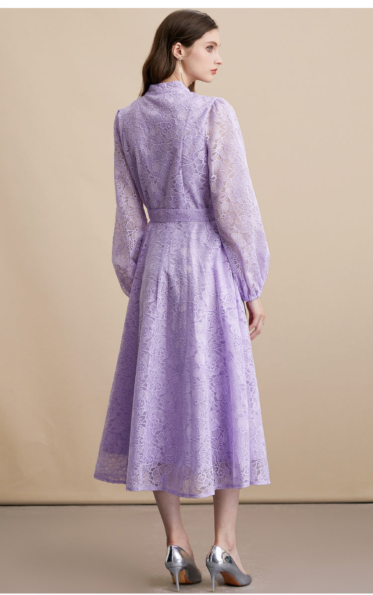 Lace embroidered stand-up collar single-breasted full skirt dress