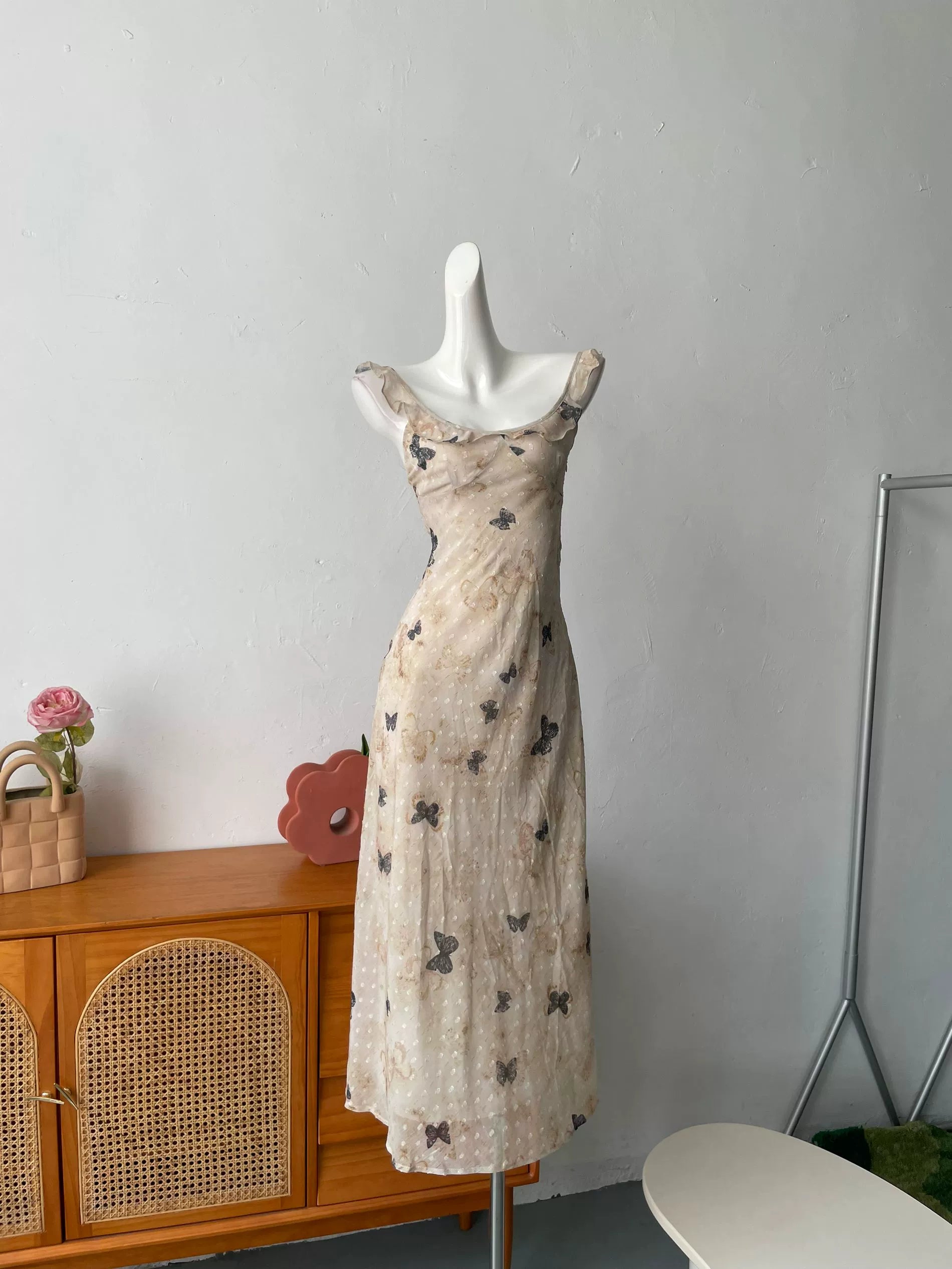 butterfly print camisole ruffled maxi dress