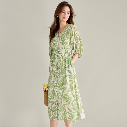 Green floral print midi dress with lantern sleeves