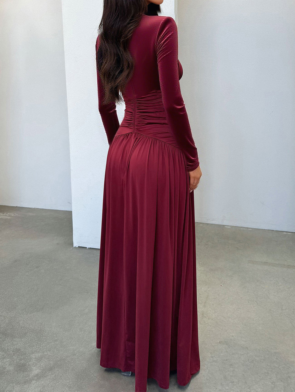 red Deep V Long Sleeve maxi Dress