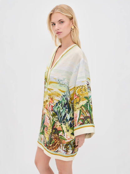 Vacation v-neck print long-sleeved mini dress