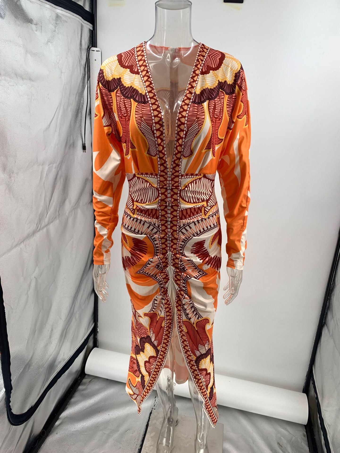 orange print V-neck long sleeve slit dress