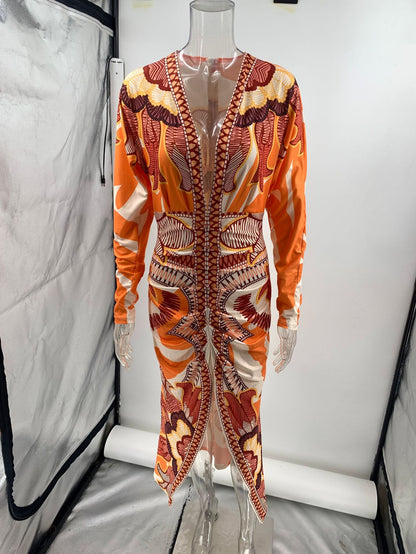 orange print V-neck long sleeve slit dress