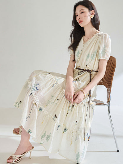 French Embroidered Tencel Pleated Textured midi Dress