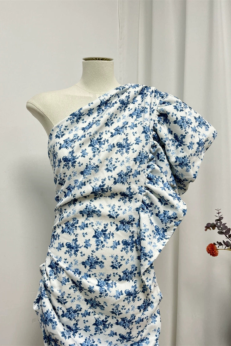 blue flower slanted shoulder flying sleeve dress