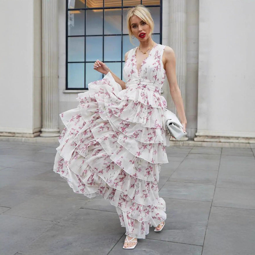 white Printed Chiffon maxi Dress