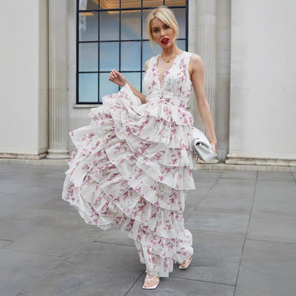 white Printed Chiffon maxi Dress