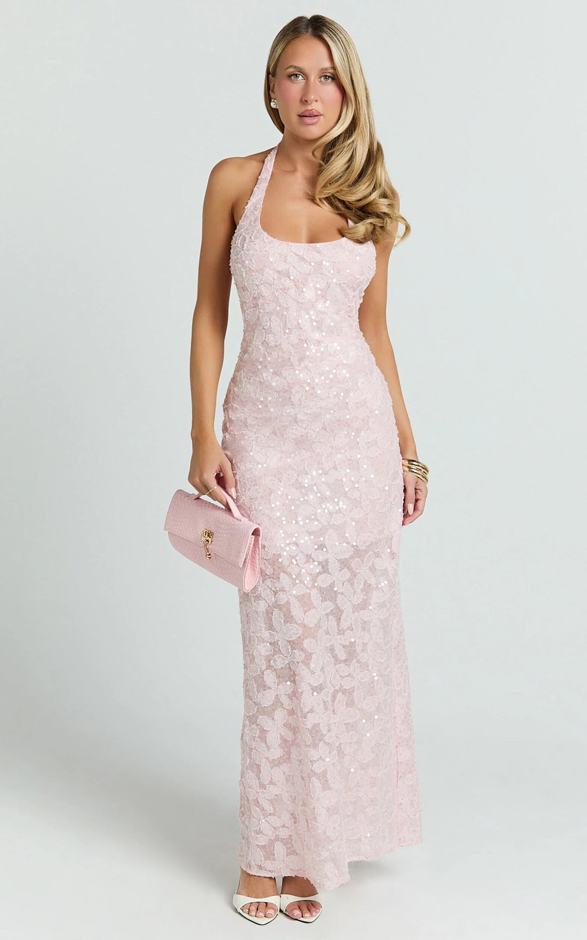 pink sequin strap sleeveless banquet dress
