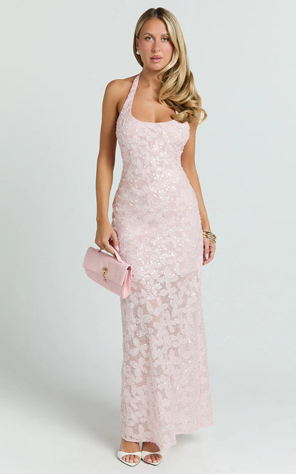 pink sequin strap sleeveless banquet dress