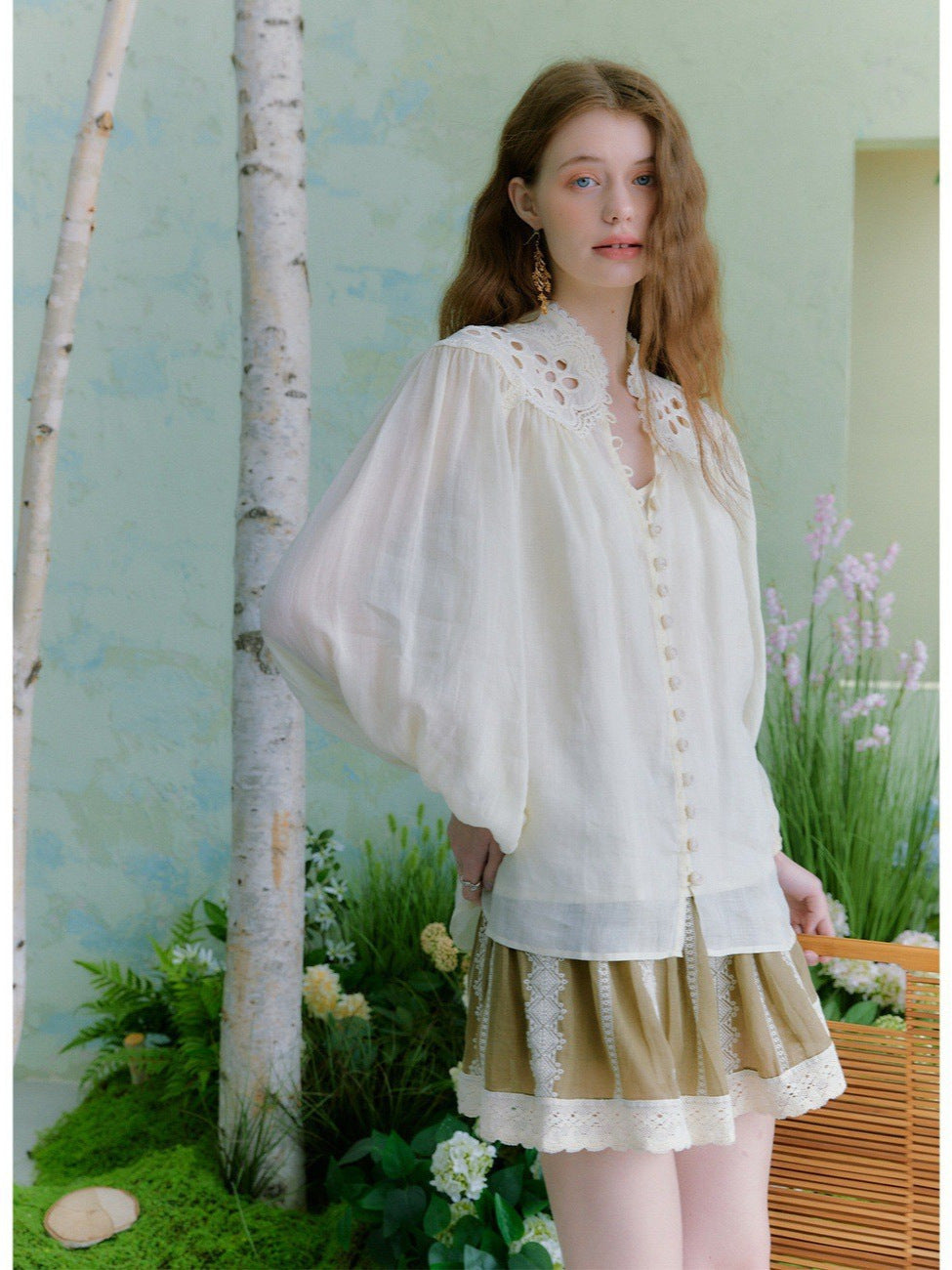 beige hollow embroidered lantern sleeve stand-collar ramie shirt