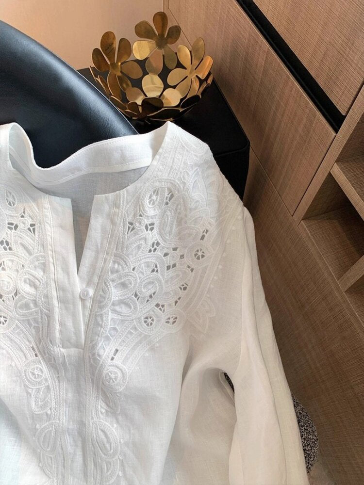 white linen long-sleeve hollow-out embroidered V-neck top