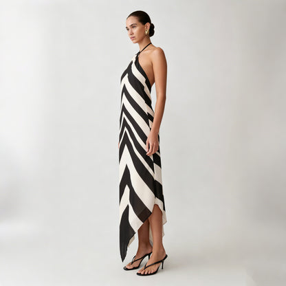 contrasting striped halterneck backless maxi dress