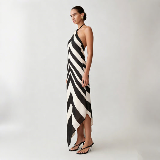 contrasting striped halterneck backless maxi dress