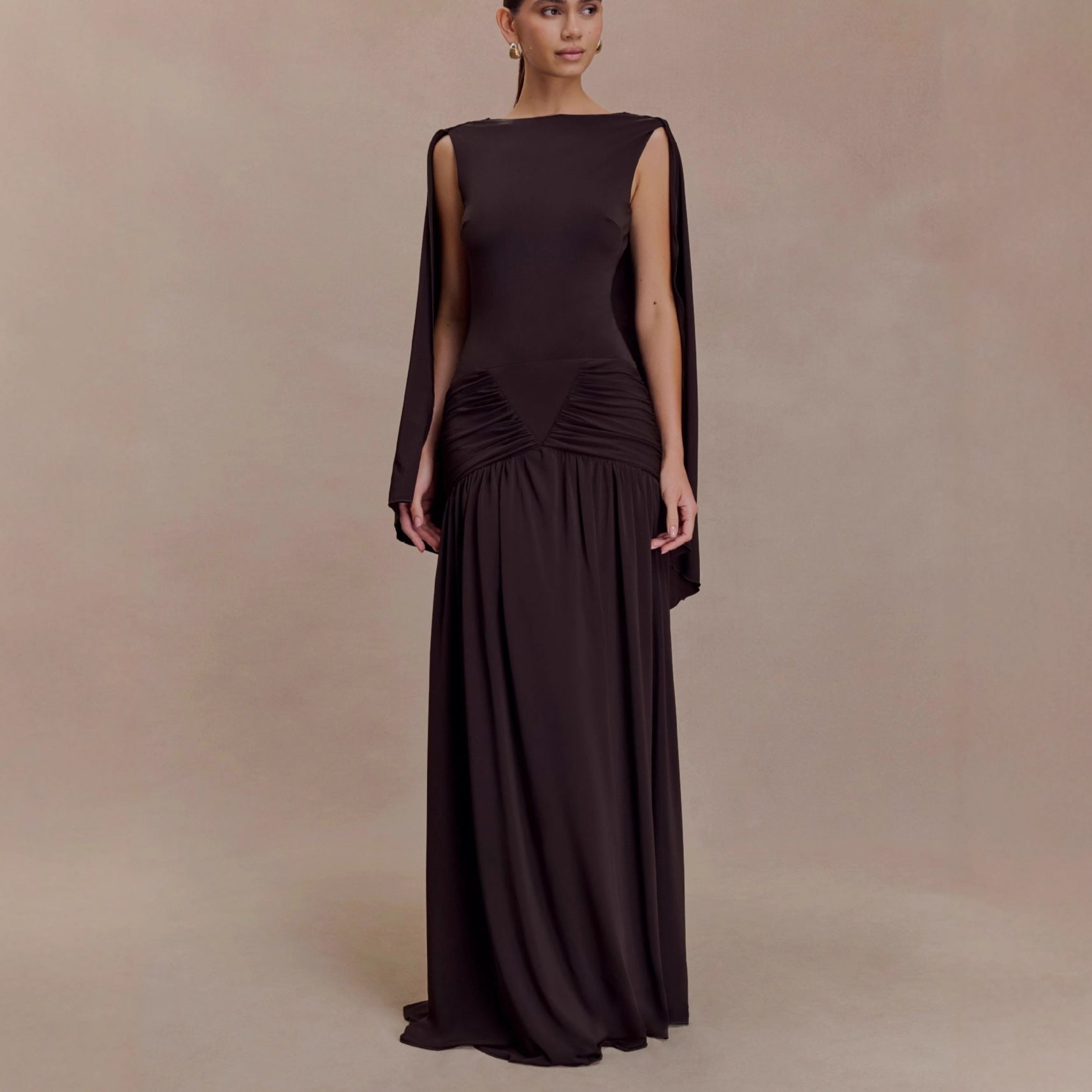 open back cape pleated maxi dress