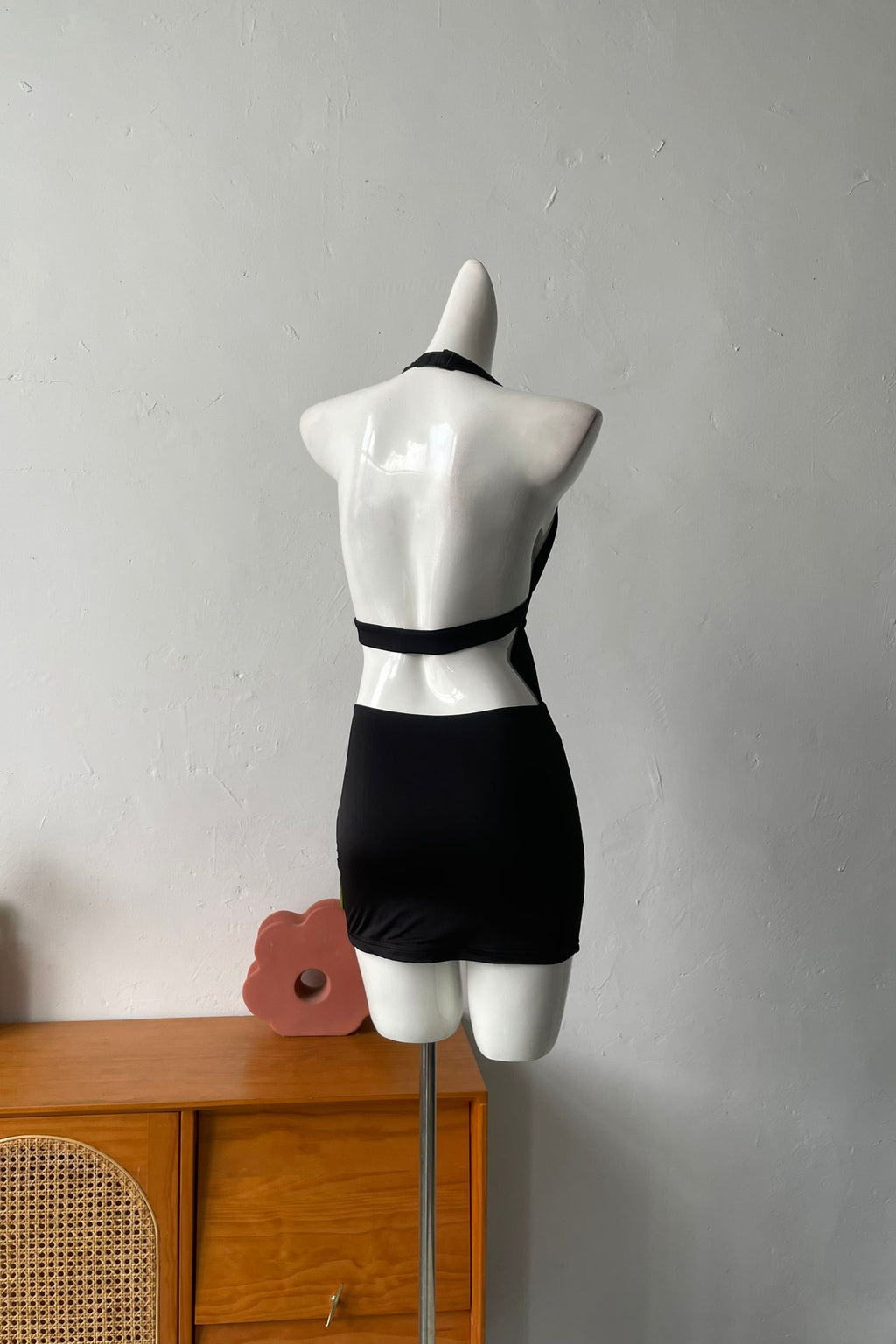 black halterneck open back mini dress