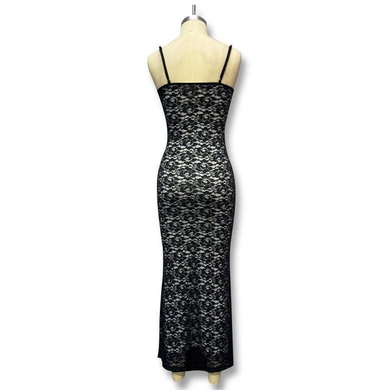 Deep V Lace Halter Back Maxi Dress