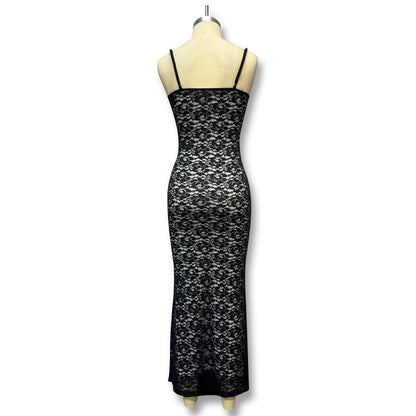 Deep V Lace Halter Back Maxi Dress