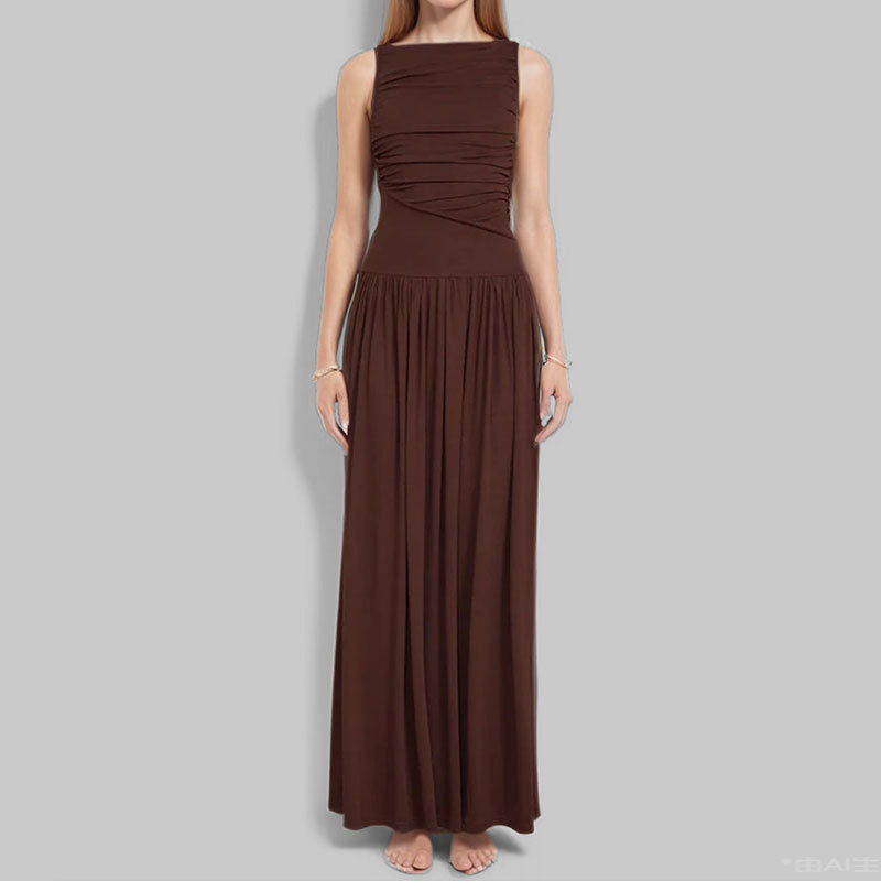 brown Pleated sleeveless maxi dress