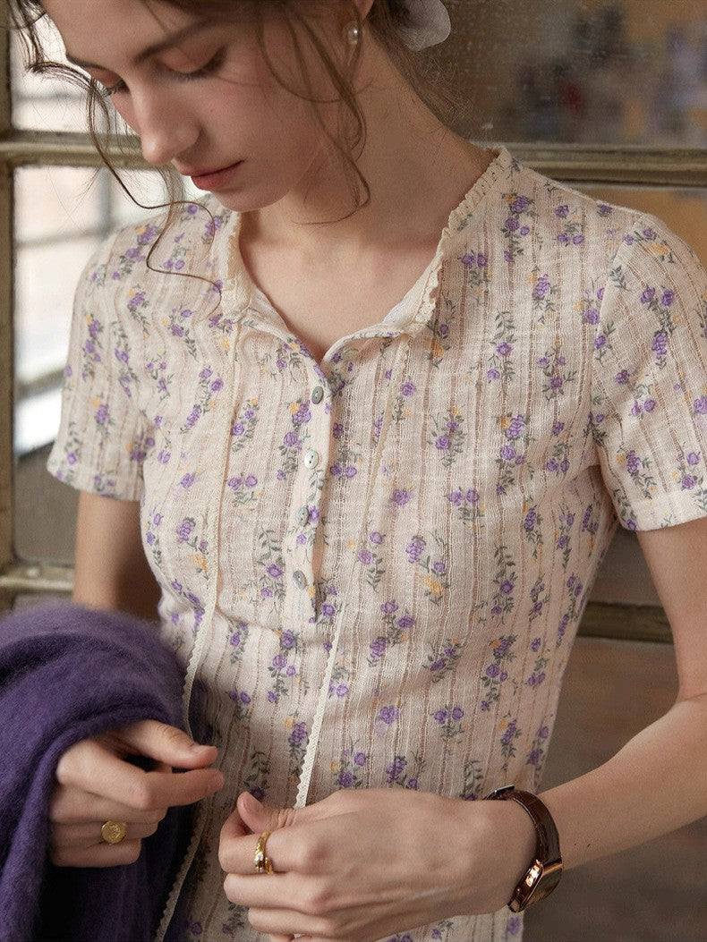 Floral Knit Short Sleeve Lace Collar Top