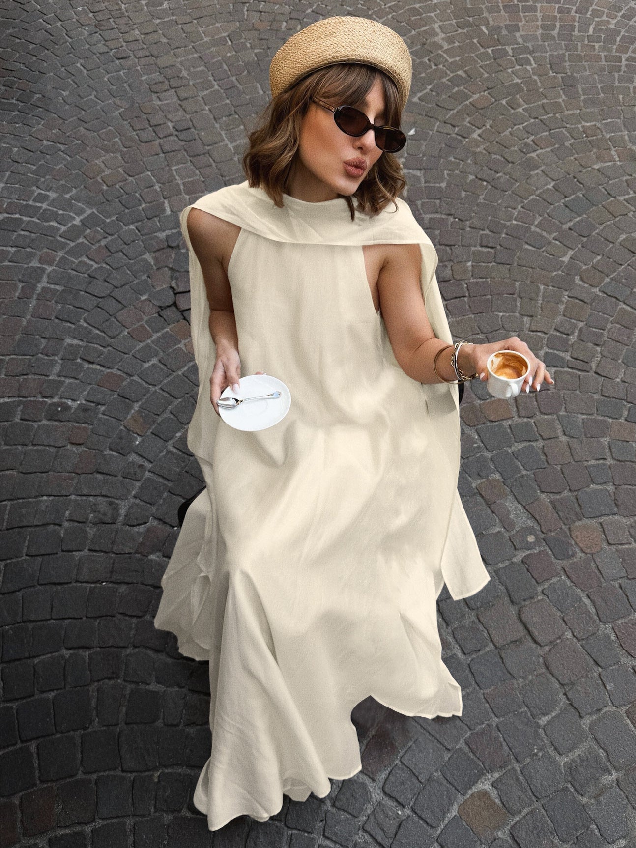 Irregular Tencel Sleeveless Halter Neck Dress - Apricot
