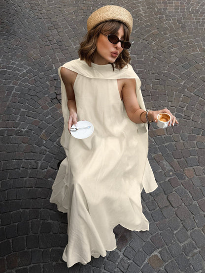 Irregular Tencel Sleeveless Halter Neck Dress - Apricot