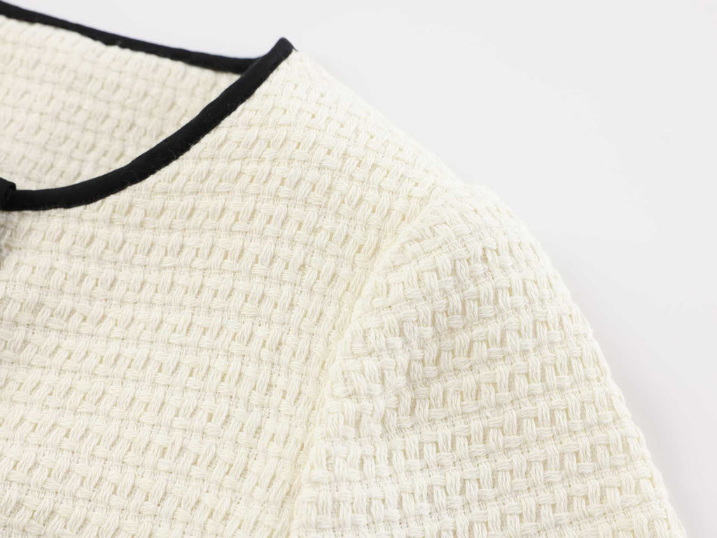 white knitted short-sleeved button-down  mini dress