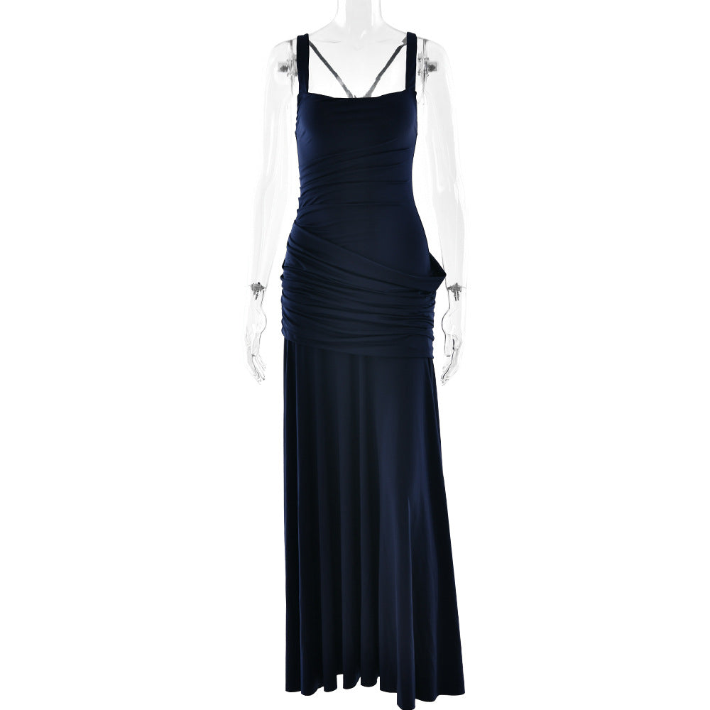 navy low-cut camisole open back mermaid dress