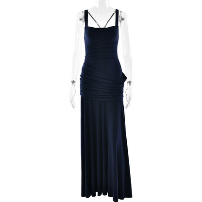 navy low-cut camisole open back mermaid dress