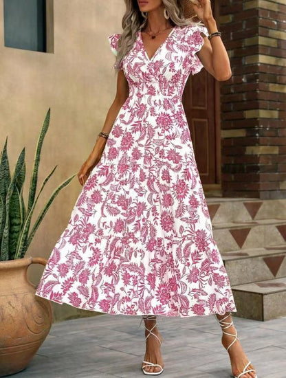 Printed butterfly sleeve wavy midi dress