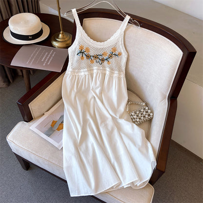 Hollow-out embroidered camisole midi dress