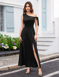 black Slanted Shoulder Strap Slit Dress