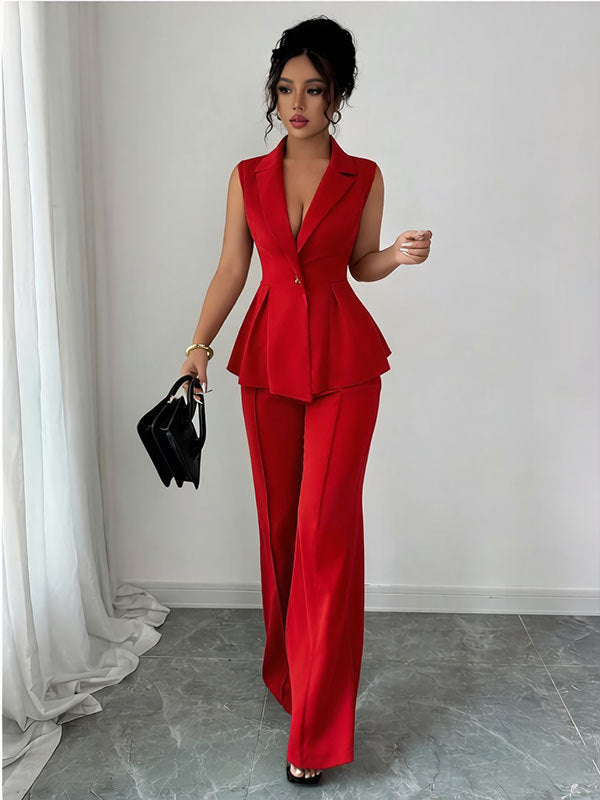 red Deep V-neck Sleeveless Pleated Top with Wide-Leg Pants Set