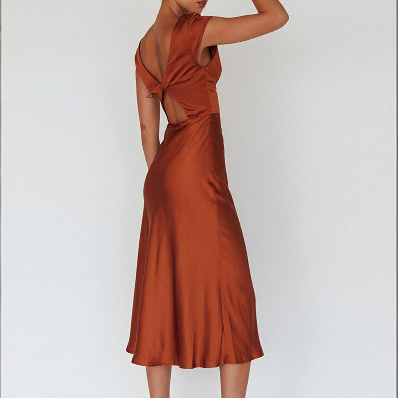 brown Crew Neck Slit Slim Dress