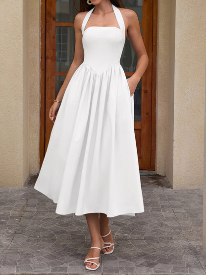 white halterneck strap backless midi dress