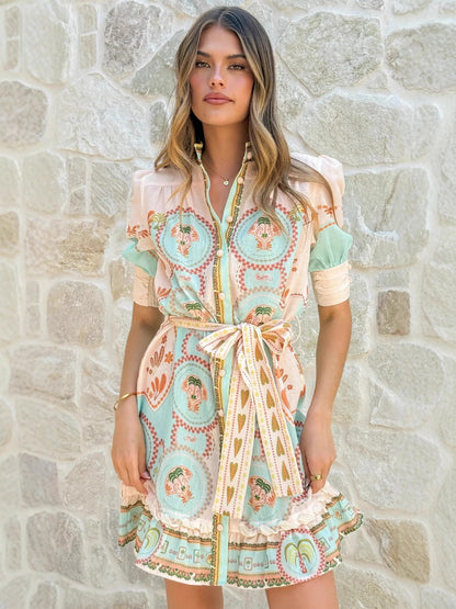 Linen Floral Print Tie-Strap Short-Sleeve Dress