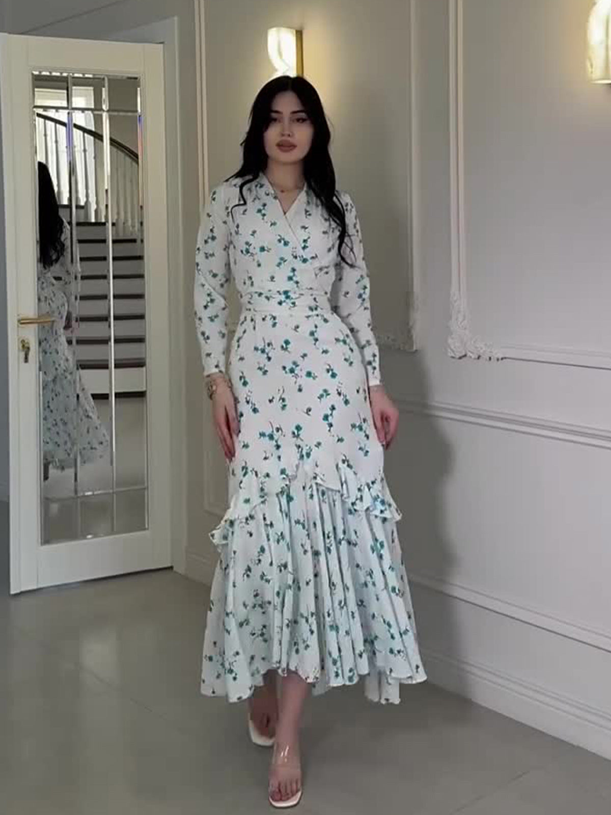 blue long sleeve Floral Ruffle maxi Dress