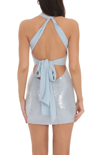 blue sequins halterneck open-back dress