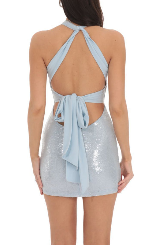 blue sequins halterneck open-back dress