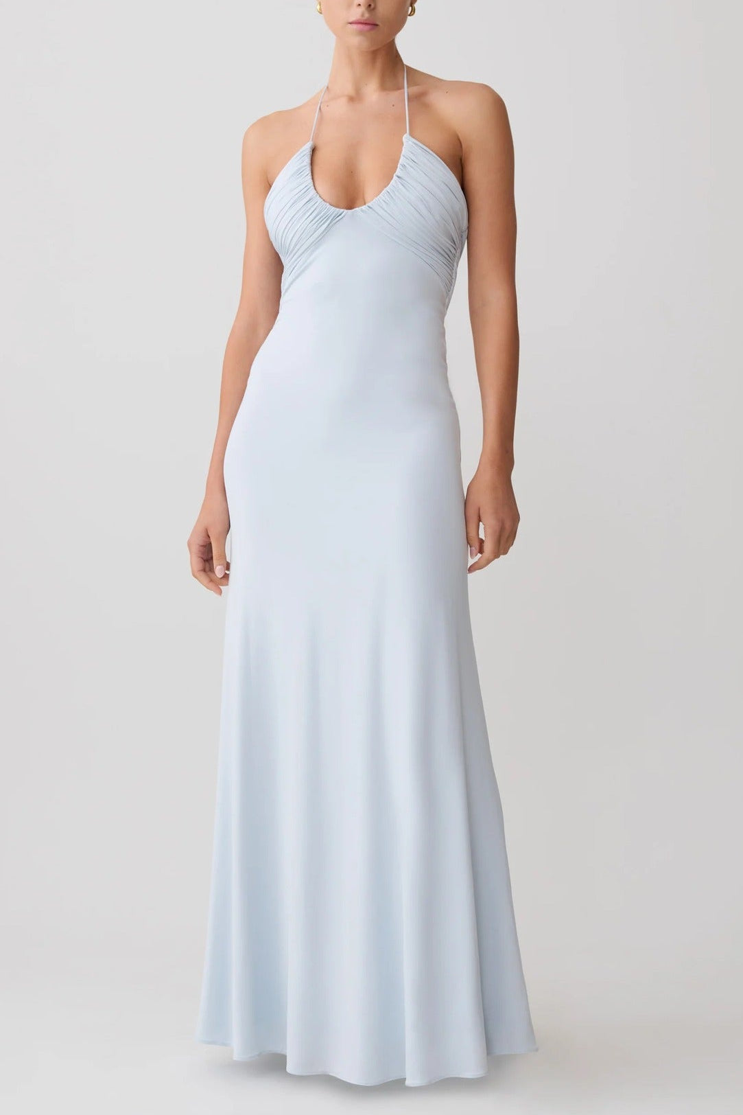 blue halterneck open back slip dress