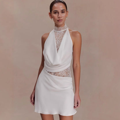 white halterneck lace spliced hip mini dress