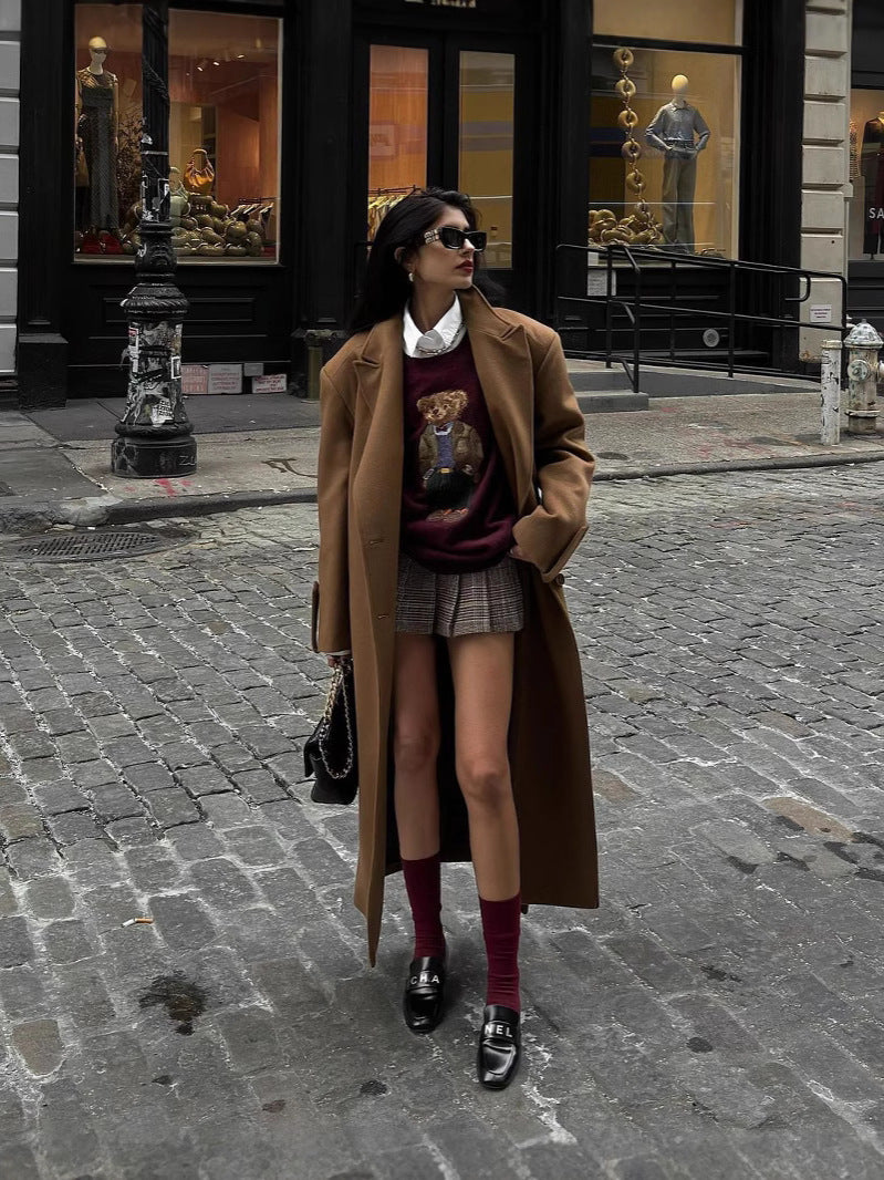 Burgundy retro bear embroidery loose pullover sweater