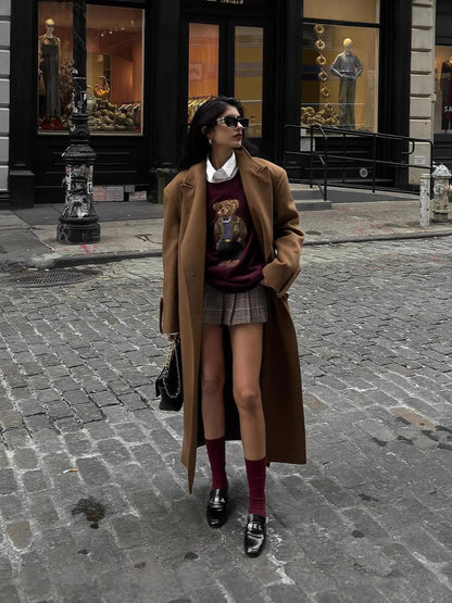 Burgundy retro bear embroidery loose pullover sweater