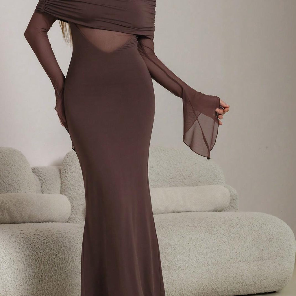 brown one-shoulder long-sleeved maxi dress