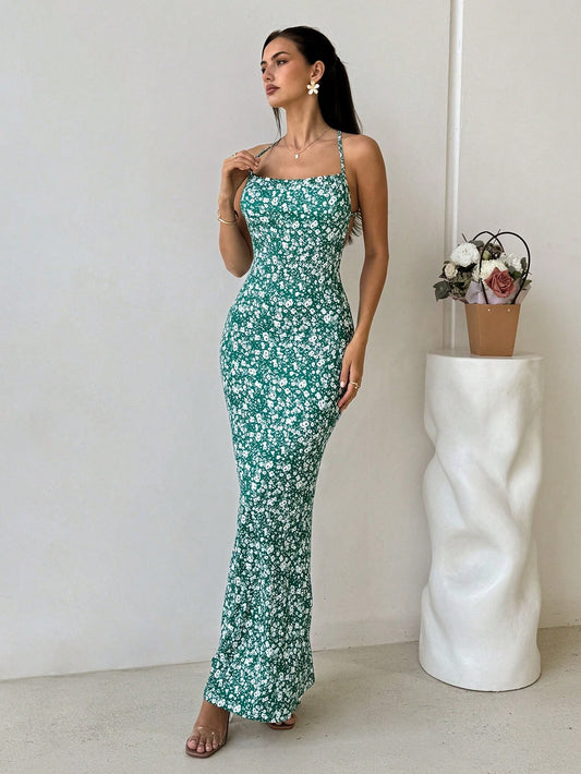 green Backless fishtail floral maxi dress