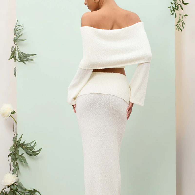 white Off-the-shoulder long-sleeved top and skirt two-piece set