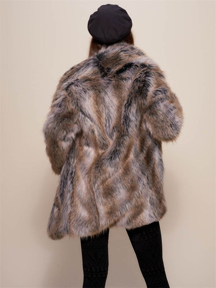 Warm Faux Fur Coat in Brown strips