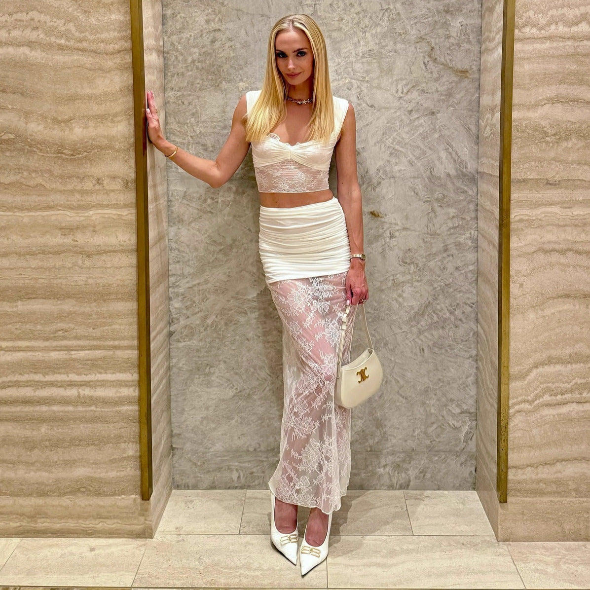white lace suit skirt  see-through top skirt two-piece set