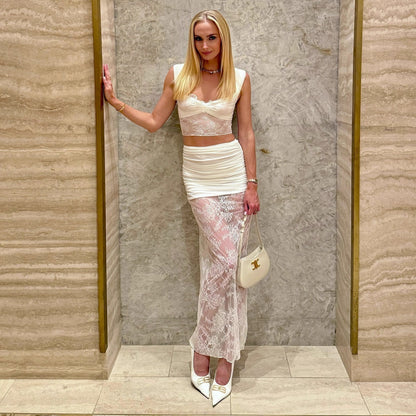 white lace suit skirt  see-through top skirt two-piece set