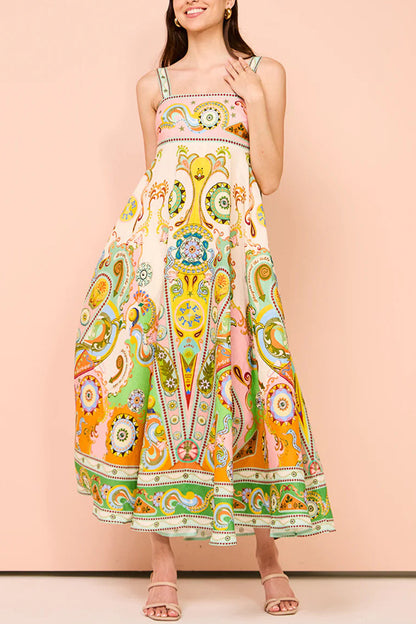 Spaghetti strap graffiti print sleeveless bow flared cotton linen dress