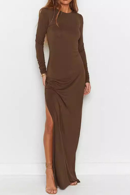 Round neck long sleeve hollowed-out backless bodycon maxi dress
